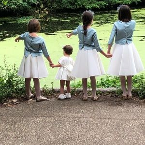 Young girls two piece formal wedding outfit. Sparkly top and brocade skirt .